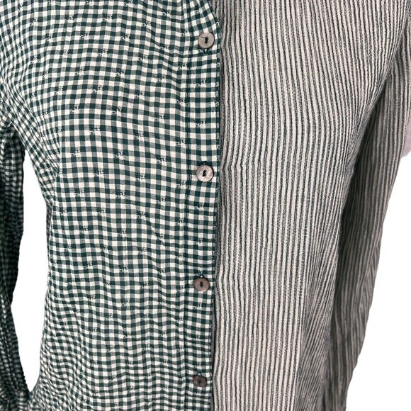 LOGO by Lori Goldstein Green Gingham Striped Ruffled Button Up Long Sleeve Small - Picture 5 of 14